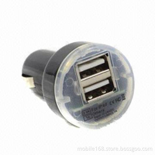 Dual USB port mini car charger for mobile devices/iPad, 10 colors